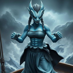 A realistic portrayal of a female humanoid dragon with silvery blue scales, exuding an aura of mystique and power