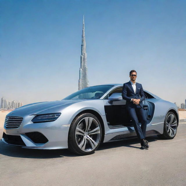 A stylish man is sitting in a sleek, luxury car parked next to the soaring Burj Khalifa under a clear blue sky.