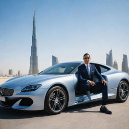 A stylish man is sitting in a sleek, luxury car parked next to the soaring Burj Khalifa under a clear blue sky.