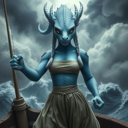 A realistic portrayal of a female humanoid dragon with silvery blue scales, exuding an aura of mystique and power