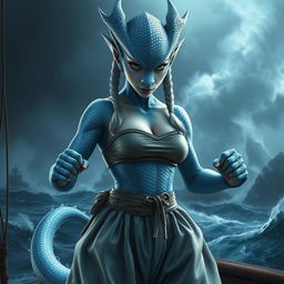 A realistic portrayal of a female humanoid dragon with silvery blue scales, exuding an aura of mystique and power