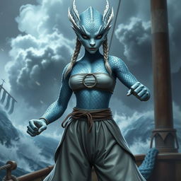 A realistic portrayal of a female humanoid dragon with silvery blue scales, exuding an aura of mystique and power