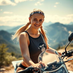 A masterpiece, ultra high quality photo of a captivating fit blonde young woman with a sleek ponytail, sitting on an enduro motorcycle on a mountain trail