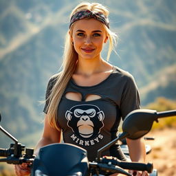 A masterpiece, ultra high quality photo of a captivating fit blonde young woman with a sleek ponytail, sitting on an enduro motorcycle on a mountain trail