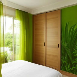 A modern bedroom with a green designer wall, a double bed adorned with a hanging bed net, a study table attached to the wall, a window overlooking lush greenery, bathed in warm yellow light, and a wooden sliding wardrobe