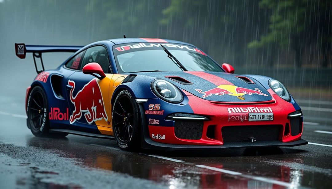 A Porsche 911 GT3 RS adorned with vibrant Red Bull stickers, captured in a dynamic and dramatic scene under the rain