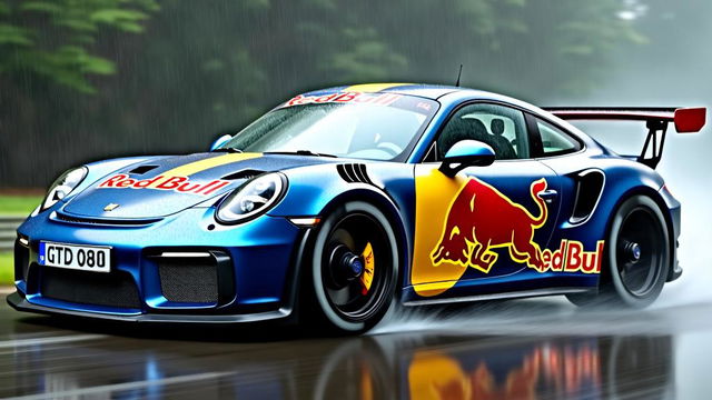 A Porsche 911 GT3 RS, featuring bold Red Bull stickers, driving under a heavy rainfall