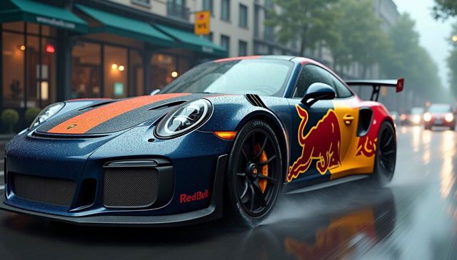 A cinematic photograph of a Porsche 911 GT3 RS with striking Red Bull stickers, speeding through a rain-soaked street