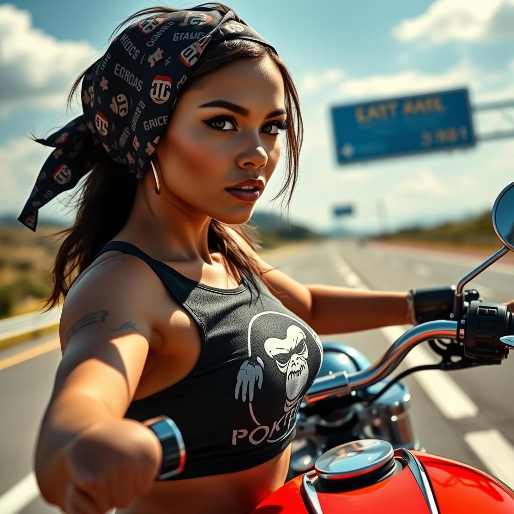 An ultra high quality, hyper-realistic photo of a captivating fit Latin young woman driving a chopper motorcycle on a highway