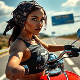 An ultra high quality, hyper-realistic photo of a captivating fit Latin young woman driving a chopper motorcycle on a highway