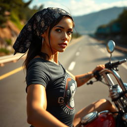 An ultra high quality, hyper-realistic photo of a captivating fit Latin young woman driving a chopper motorcycle on a highway