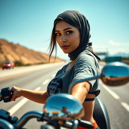 An ultra high quality, hyper-realistic photo of a captivating fit Latin young woman driving a chopper motorcycle on a highway