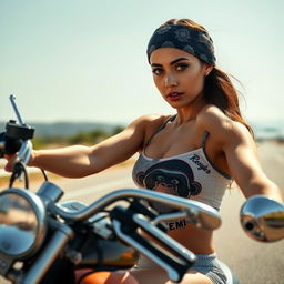 An ultra high quality, hyper-realistic photo of a captivating fit Latin young woman driving a chopper motorcycle on a highway