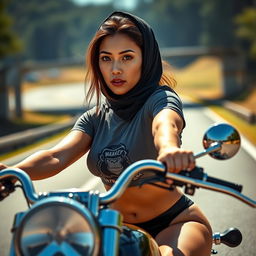 An ultra high quality, hyper-realistic photo of a captivating fit Latin young woman driving a chopper motorcycle on a highway