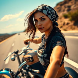 An ultra high quality, hyper-realistic photo of a captivating fit Latin young woman driving a chopper motorcycle on a highway