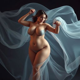 A voluptuous woman with large breasts dancing gracefully, surrounded by an ethereal and dreamlike atmosphere, embodying elegance and beauty