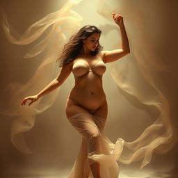 A voluptuous woman with large breasts dancing gracefully, surrounded by an ethereal and dreamlike atmosphere, embodying elegance and beauty