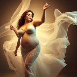 A voluptuous woman with large breasts dancing gracefully, surrounded by an ethereal and dreamlike atmosphere, embodying elegance and beauty