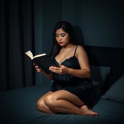 A 38-year-old Indonesian woman with a plump body and full, plump breasts is pictured wearing a sexy and smooth black nightgown
