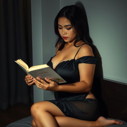 A 38-year-old Indonesian woman with a plump body and full, plump breasts is pictured wearing a sexy and smooth black nightgown