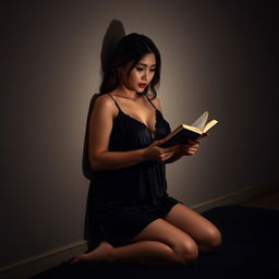 A 38-year-old Indonesian woman with a plump body and full, plump breasts is pictured wearing a sexy and smooth black nightgown