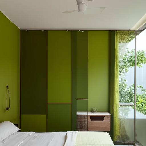 A modern bedroom with a green designer wall, a double bed adorned with a hanging bed net, a study table attached to the wall, a window overlooking lush greenery, bathed in warm yellow light, and a wooden sliding wardrobe