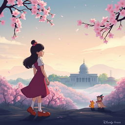 A stylized illustration combining elements from Disney movies with the historical context of Hiroshima in a respectful and imaginative way