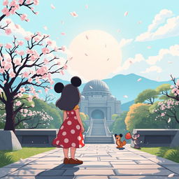 A stylized illustration combining elements from Disney movies with the historical context of Hiroshima in a respectful and imaginative way