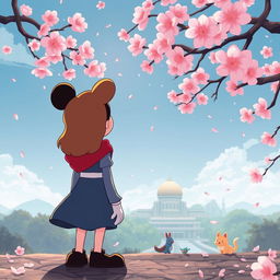 A stylized illustration combining elements from Disney movies with the historical context of Hiroshima in a respectful and imaginative way