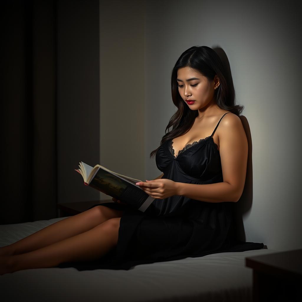 A 38-year-old Indonesian woman with a plump body and full, plump breasts is pictured wearing a sexy and smooth black nightgown