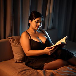 A 38-year-old Indonesian woman with a plump body and full, plump breasts is pictured wearing a sexy and smooth black nightgown