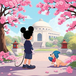 A stylized and respectful illustration that combines elements from Disney movies with the historical context of Hiroshima