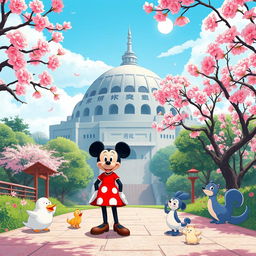 A stylized and respectful illustration that combines elements from Disney movies with the historical context of Hiroshima