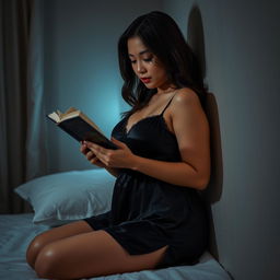 A 38-year-old Indonesian woman with a plump body and full, plump breasts is pictured wearing a sexy and smooth black nightgown