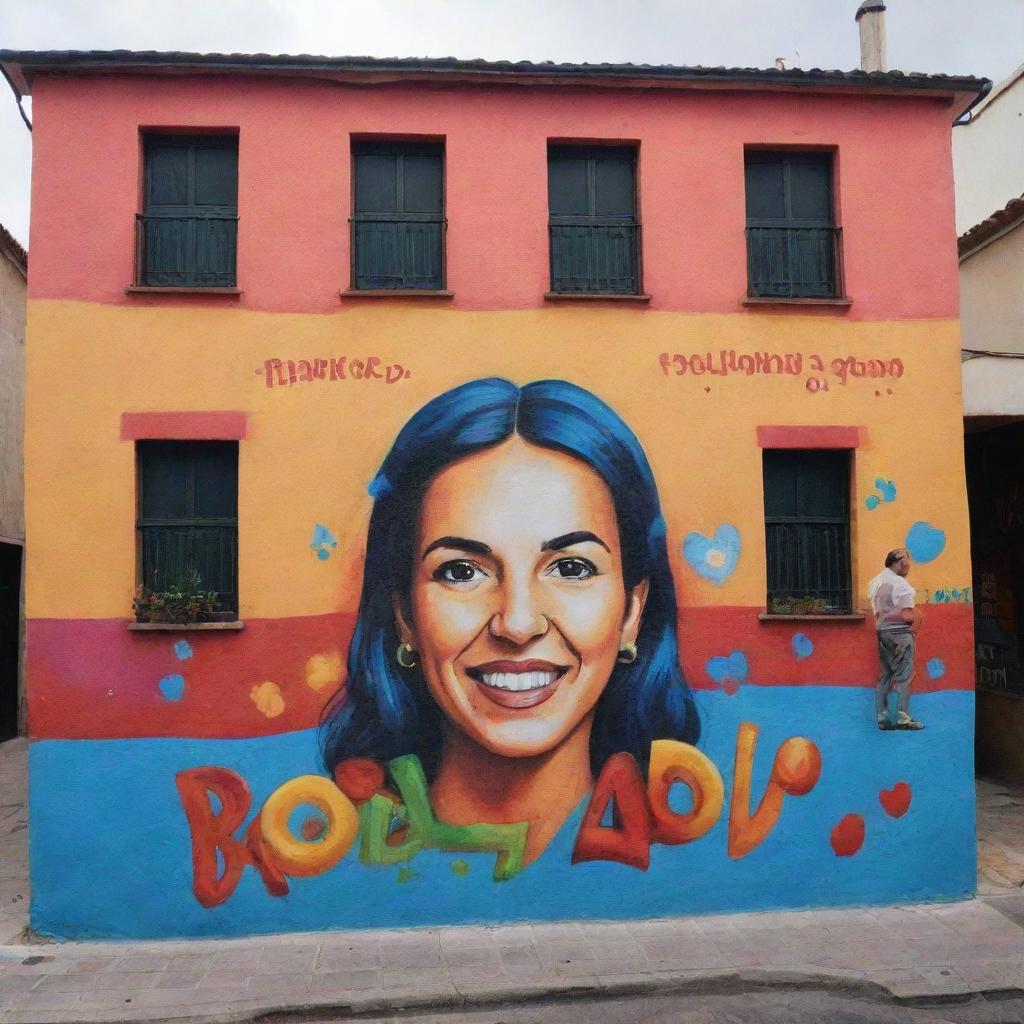 A vibrant street mural with the Spanish phrase 'aprende a decir en grupo' artistically painted on