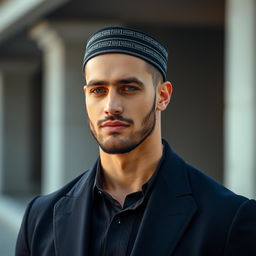 A handsome, tall, white, muscular Muslim man with a confident demeanor