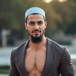 A handsome, tall, white, muscular Muslim man with a confident demeanor