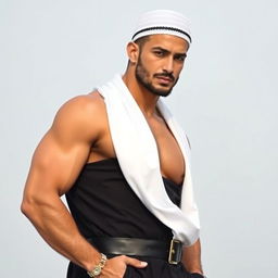 A handsome, tall, white, muscular Muslim man with a confident demeanor