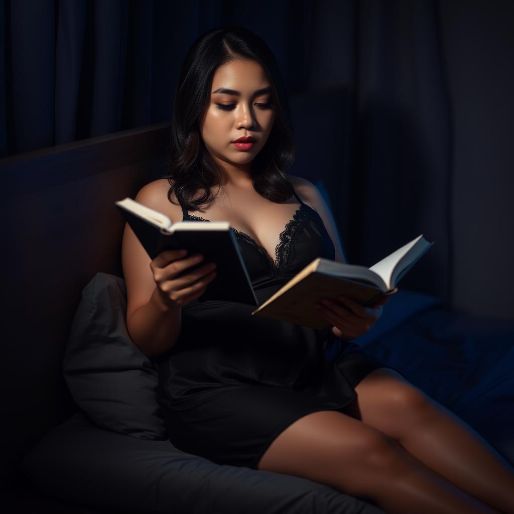 A 38-year-old Indonesian woman with a plump body and full, plump breasts is pictured wearing a sexy and smooth black nightgown