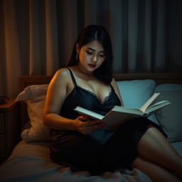 A 38-year-old Indonesian woman with a plump body and full, plump breasts is pictured wearing a sexy and smooth black nightgown