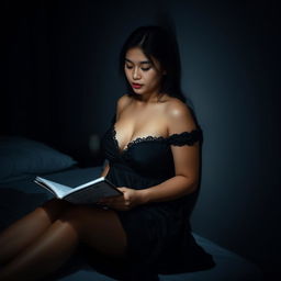 A 38-year-old Indonesian woman with a plump body and full, plump breasts is pictured wearing a sexy and smooth black nightgown