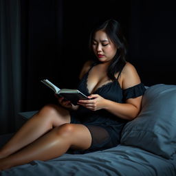 A 38-year-old Indonesian woman with a plump body and full, plump breasts is pictured wearing a sexy and smooth black nightgown