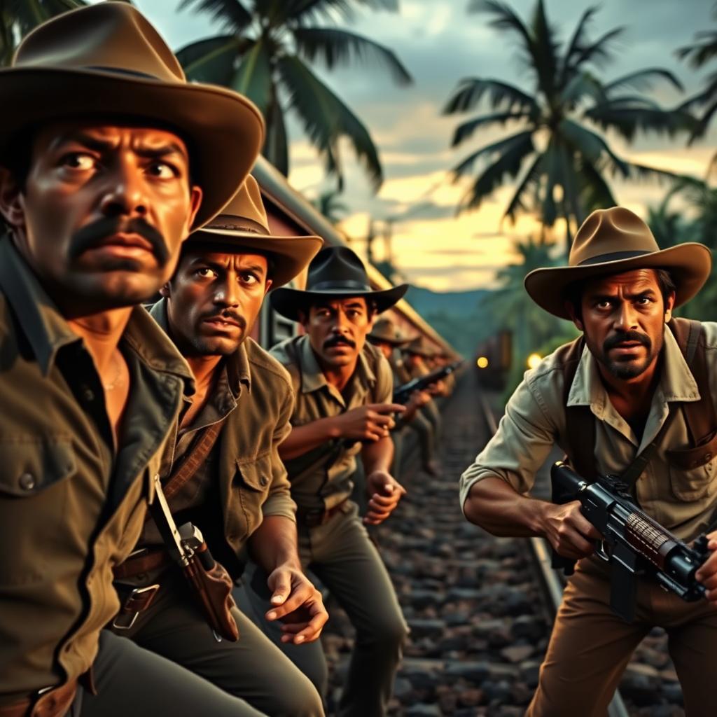 A dynamic scene capturing 'O Assalto ao Trem Pagador', showing a group of determined and rugged bandits, wearing classic 1960s Brazilian attire, executing a daring train robbery