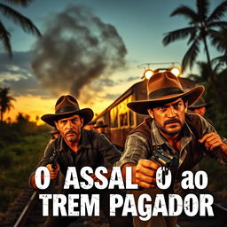 A dynamic scene capturing 'O Assalto ao Trem Pagador', showing a group of determined and rugged bandits, wearing classic 1960s Brazilian attire, executing a daring train robbery