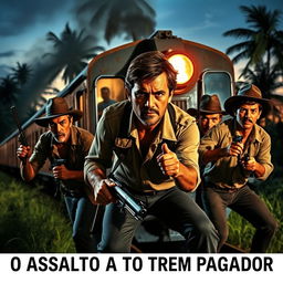 A dynamic scene capturing 'O Assalto ao Trem Pagador', showing a group of determined and rugged bandits, wearing classic 1960s Brazilian attire, executing a daring train robbery