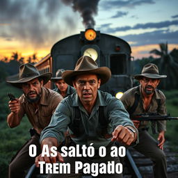 A dynamic scene capturing 'O Assalto ao Trem Pagador', showing a group of determined and rugged bandits, wearing classic 1960s Brazilian attire, executing a daring train robbery