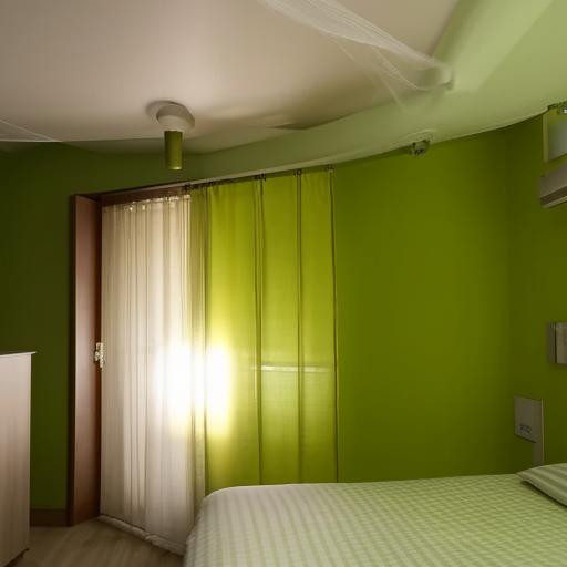 A modern bedroom with a green designer wall, a double bed adorned with a hanging bed net, a study table attached to the wall, a window overlooking lush greenery, bathed in warm yellow light, and a wooden sliding wardrobe