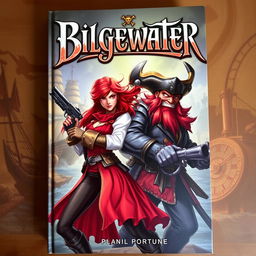 A thrilling fantasy book cover showcasing Miss Fortune and Gangplank in a dramatic standoff, set against the backdrop of the bustling and chaotic city of Bilgewater