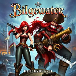 A thrilling fantasy book cover showcasing Miss Fortune and Gangplank in a dramatic standoff, set against the backdrop of the bustling and chaotic city of Bilgewater