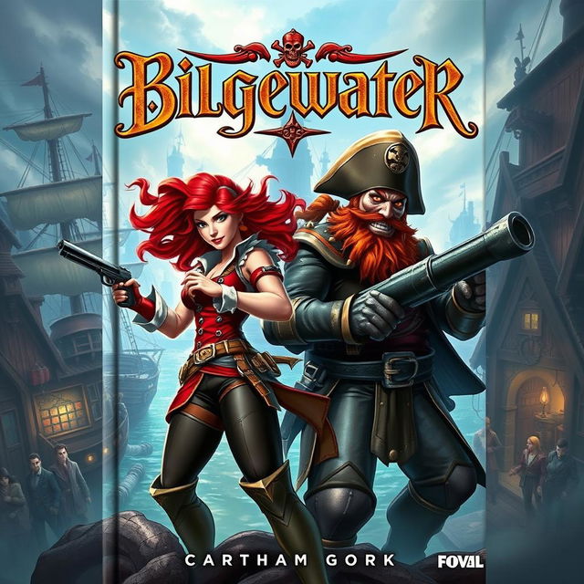 A thrilling fantasy book cover showcasing Miss Fortune and Gangplank in a dramatic standoff, set against the backdrop of the bustling and chaotic city of Bilgewater